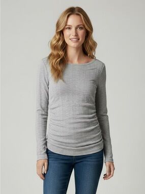 Women’s‎ Small Urban Social Gray Boat Neck Ruched Sides Long Sleeve Textured Top